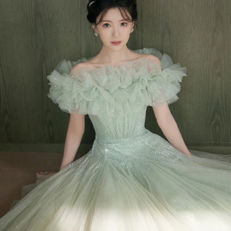 Женское вечернее платье в пол It's Yiiya зеленое Тюлевое ТРАПЕЦИЕВИДНОЕ ПЛАТЬЕ