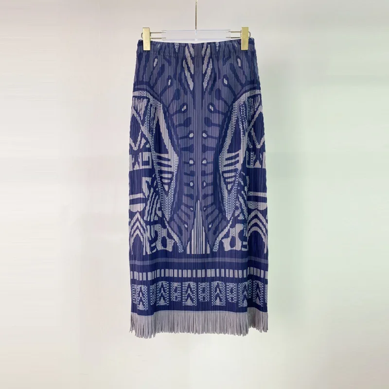 Women's pleated vintage print tassel skirt High waist slim loose size skirt