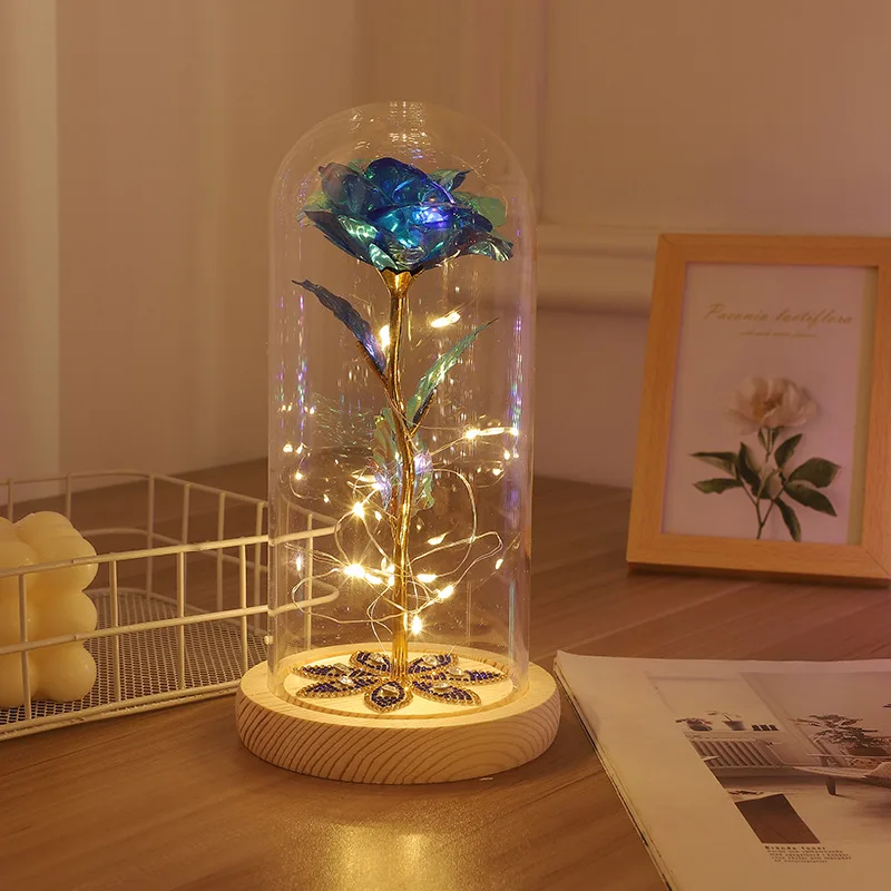 

2023 Hot Beauty and The Beast Eternal Rose White Base with LED Lights Dome Black Red Rose Valentine's Day Mother's Day Gift