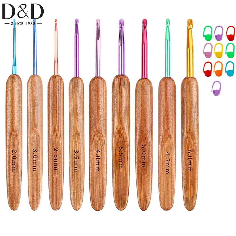 

D&D 9pcs Crochet Hooks Set 2mm-6mm Colorful Bamboo Knitting Needles Set Weave Yarn Craft for Beginner with 10pcs Stitch Markers