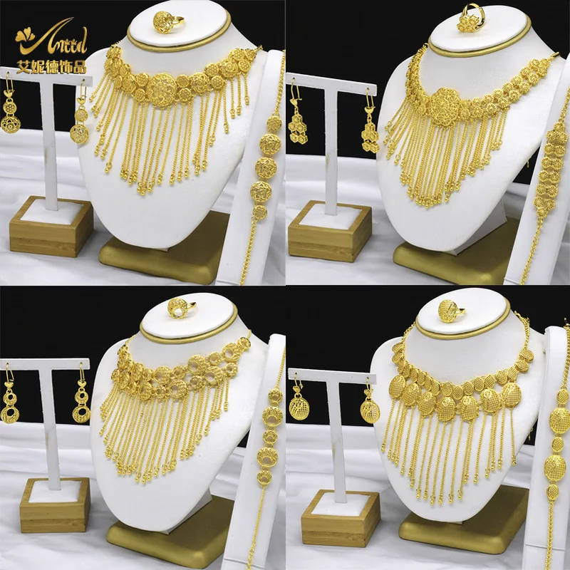 

ANIID Indian Tassel 24K Gold Plated Necklace Set Nigerian Party Bridal Wedding Ethiopian Luxury Dubai Jewelry Set Wholesale New