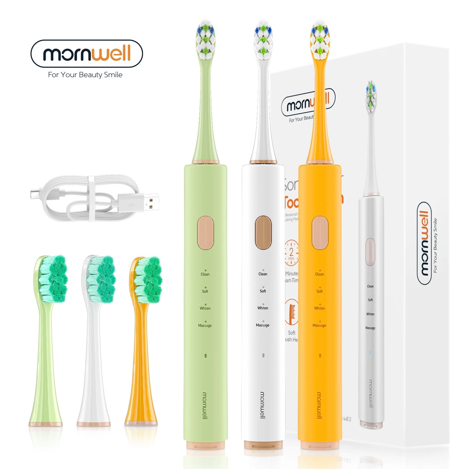 Mornwell Electric Sonic Toothbrush T32 USB Charge Rechargeable Adult Waterproof Electronic Tooth 2 Brushes Replacement Heads