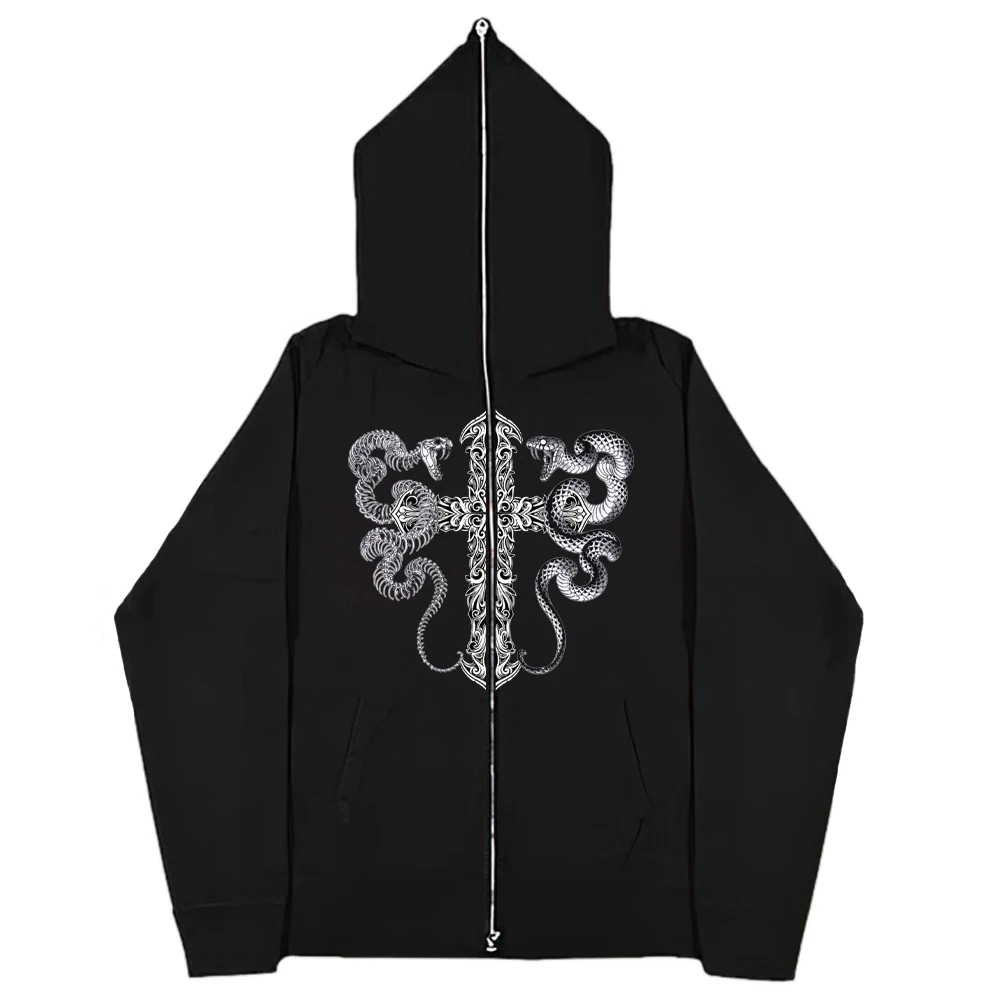Y2K Zip Up Jackets Gothic Cross Print Hoodie Women Streetwear Zipper Long Sleeve Sweatshirts Harajuku Casual Coats Men Cool Tops - купить по