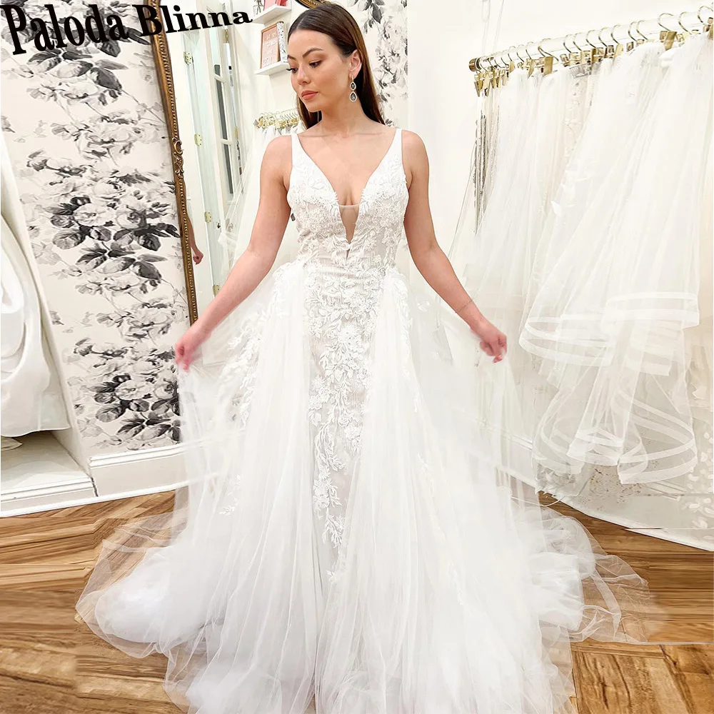 

Paloda Classic Detachable Train Wedding Dresses For Bride V-Neck Tank Sleeveless Appliques Mermaid Tulle Vestido De Noiva 2023
