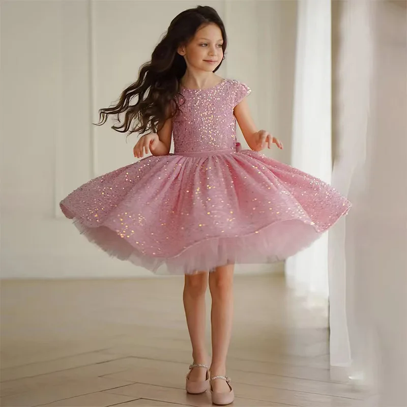 

High-end Princess Shiny Sequined Pink Flower Girl Dress Summer Tutu Wedding Birthday Party Kids Frocks For Teenager Designs Prom