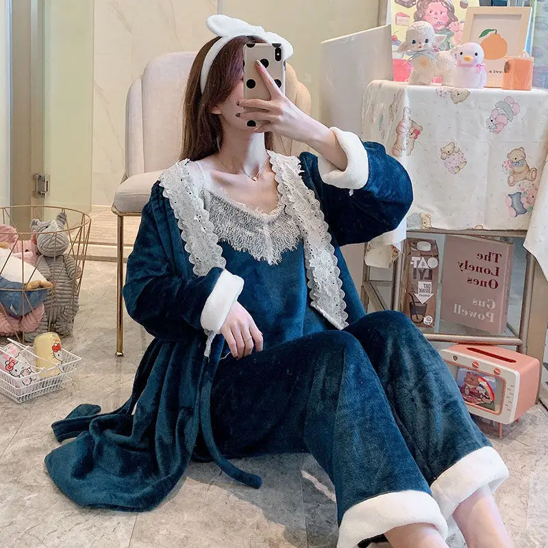 3 шт. Женские флисовые пижамные комплекты на осень и зиму | Женская одежда