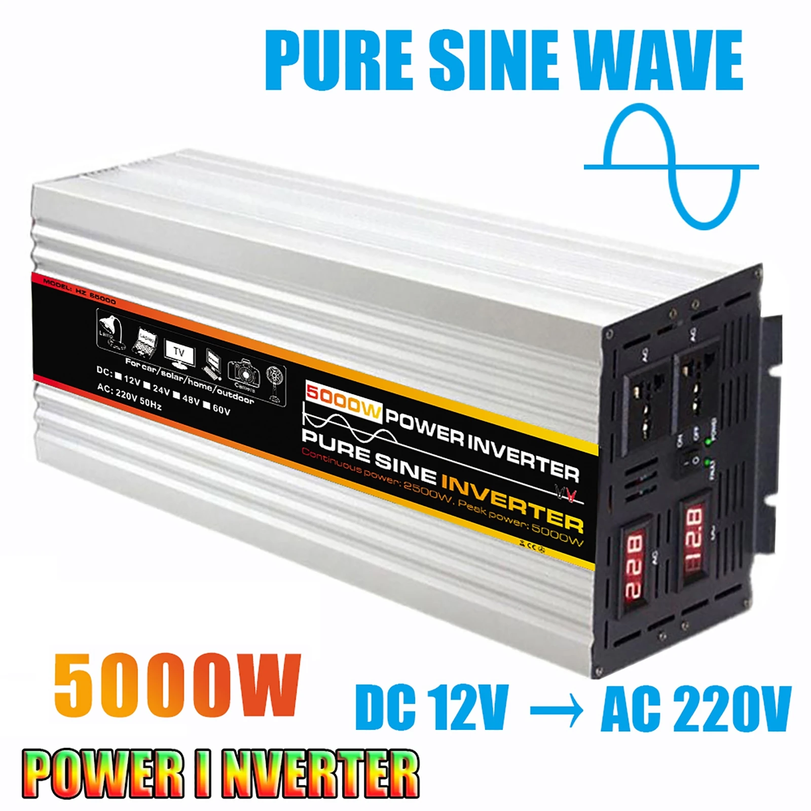 

12V To 220V Pure Sine Wave Power Inverter 5000W/4000W/3000W Power Inverter Solar System/Solar Panel for Car RV Outdoor Camping