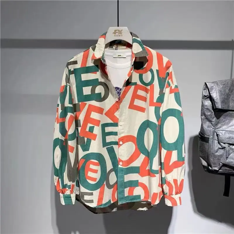 HK Style Loose Long-Sleeved Letters Men's Spring and Summer New Trendy Men's Fashion Handsome Shirt Coat Trendy Printed Shirt
