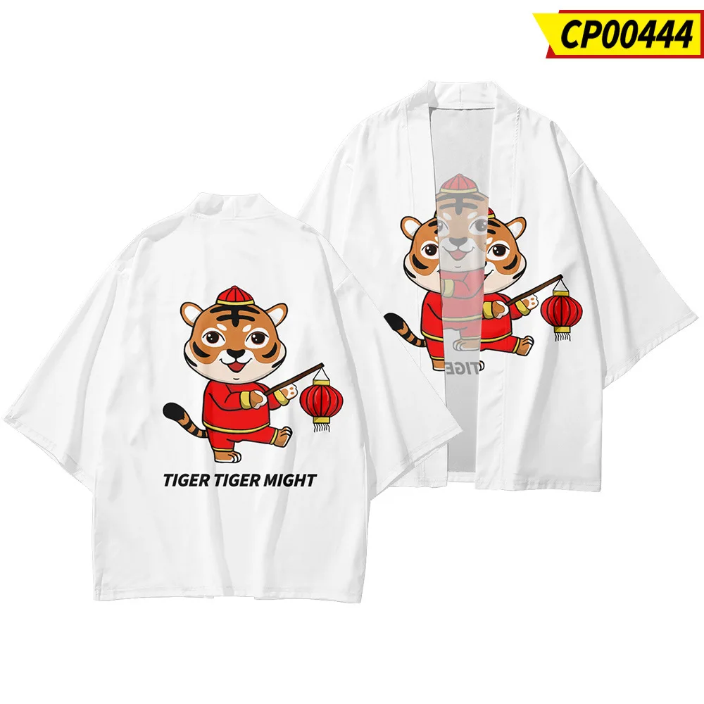 

Cartoon Tiger Printed White Traditional Japanese Kimono Beach Shorts Couple Streetwear Cardigan Yukata