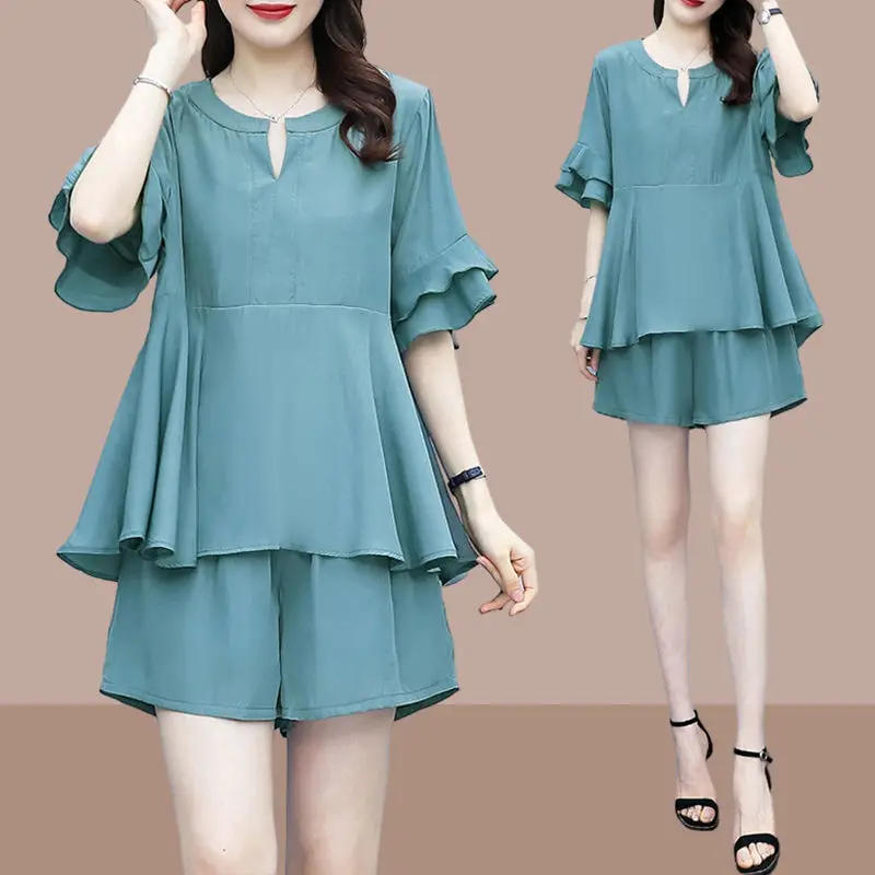 

Women 2022 Summer Short Sleeve O-Neck T-shirt + Wide Leg Shorts 2 Two Piece Suit Casual Outfit Female Clothing Loose Set N09