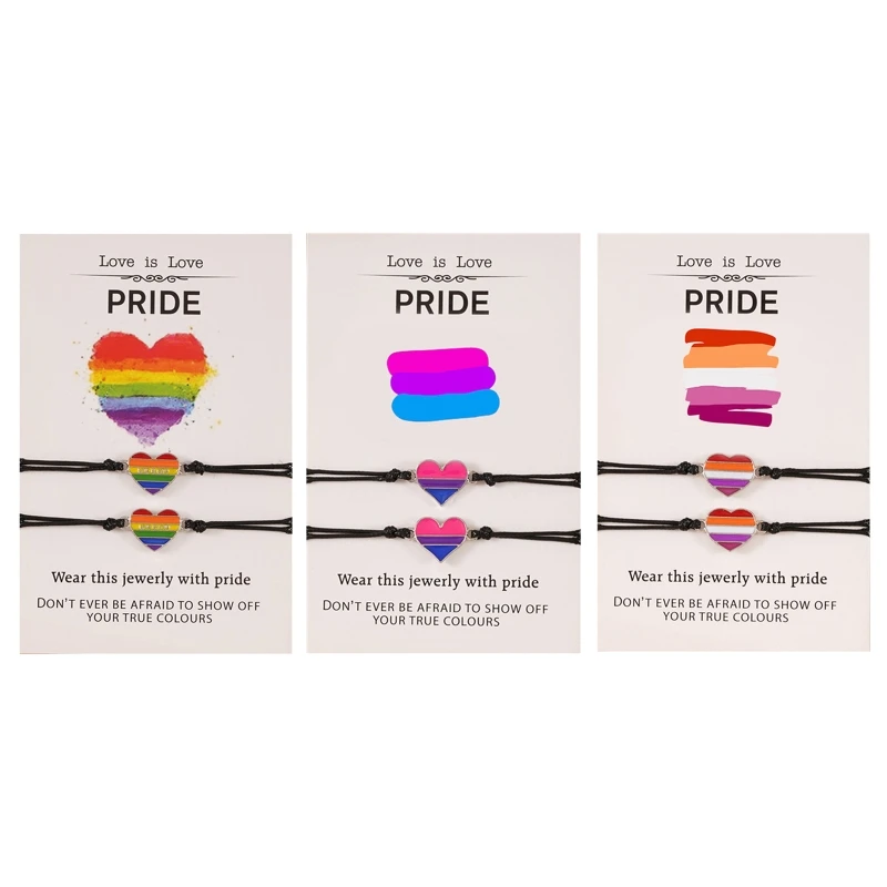 

41XF 2x Rainbow Color Heart Bracelet Adjustable Braided Rope Bracelets Lucky for Wish Jewelry Gifts for Valentine Minimalist