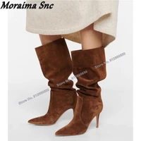 moraima snc slip on brown pleated suede boots for women for boots pointed toe stilettos high heels runway shoes on heels size 44