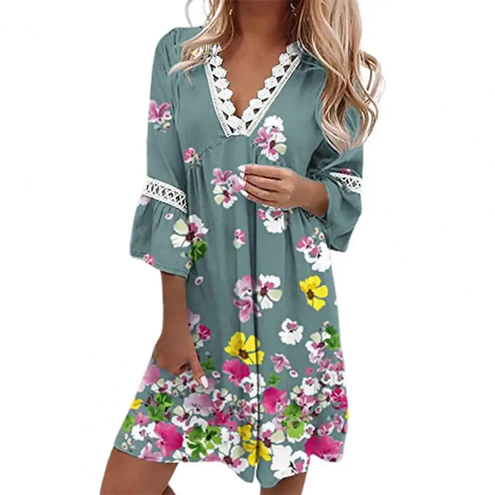 

Boho Dress Women Summer Casual Plaid Lace Flower Large Hem Mini Dresses for Women 2022 Streetwear Party Dress vestidos
