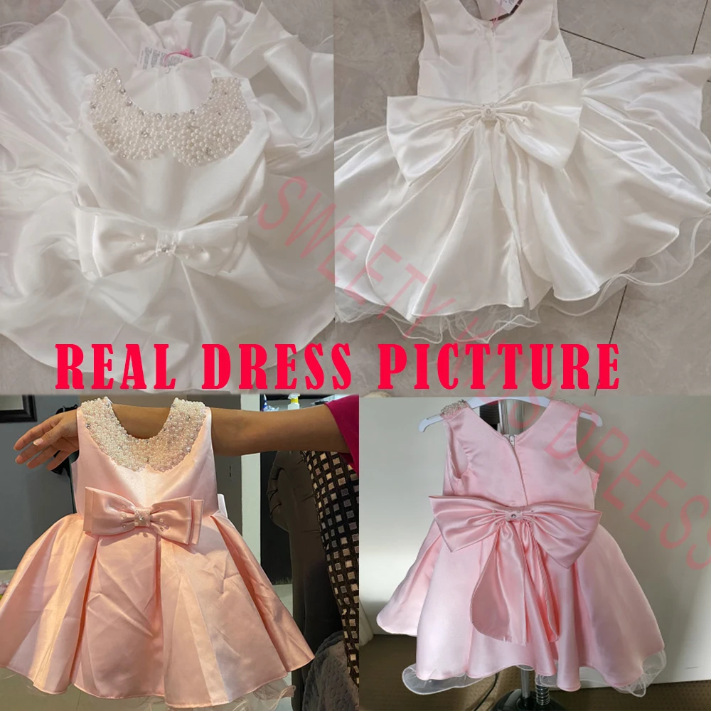 Toddler White Wedding Satin Princess Baby Girl Dress Bow 1 Year Birthday Evening Party Newborn Christening Dress for Girl Clothe images - 6