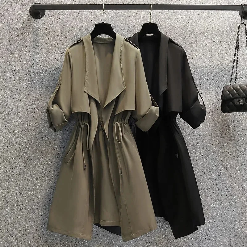 

Spring Women's Thin Trench Coats Mid-Length Drawstring Overcoat Long Dress Jacket with Epaulet Khaki Black Cardigan Windbreaker