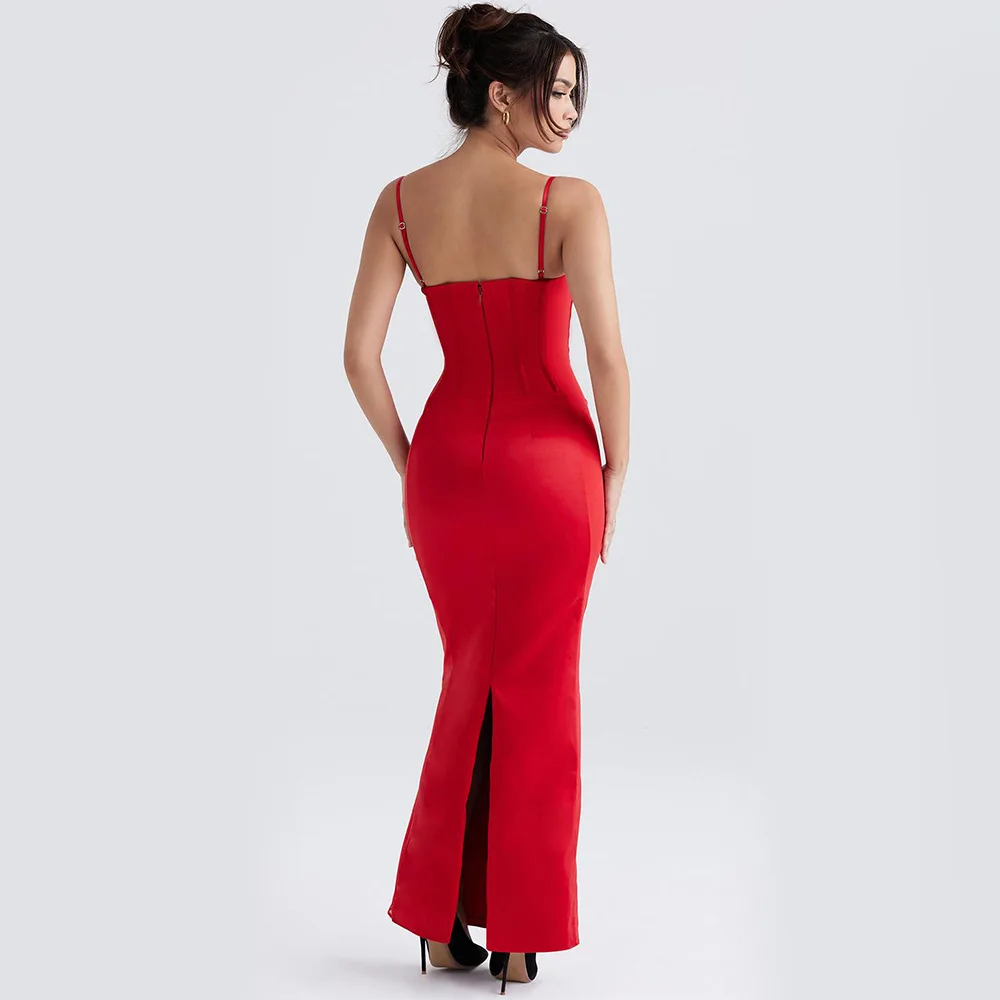 Mingmingxi Elegant Spaghetti Strap Prom Dress Red Satin Bodycon Celebrity Evening Party Dresses Backless Formal Occasion Dress