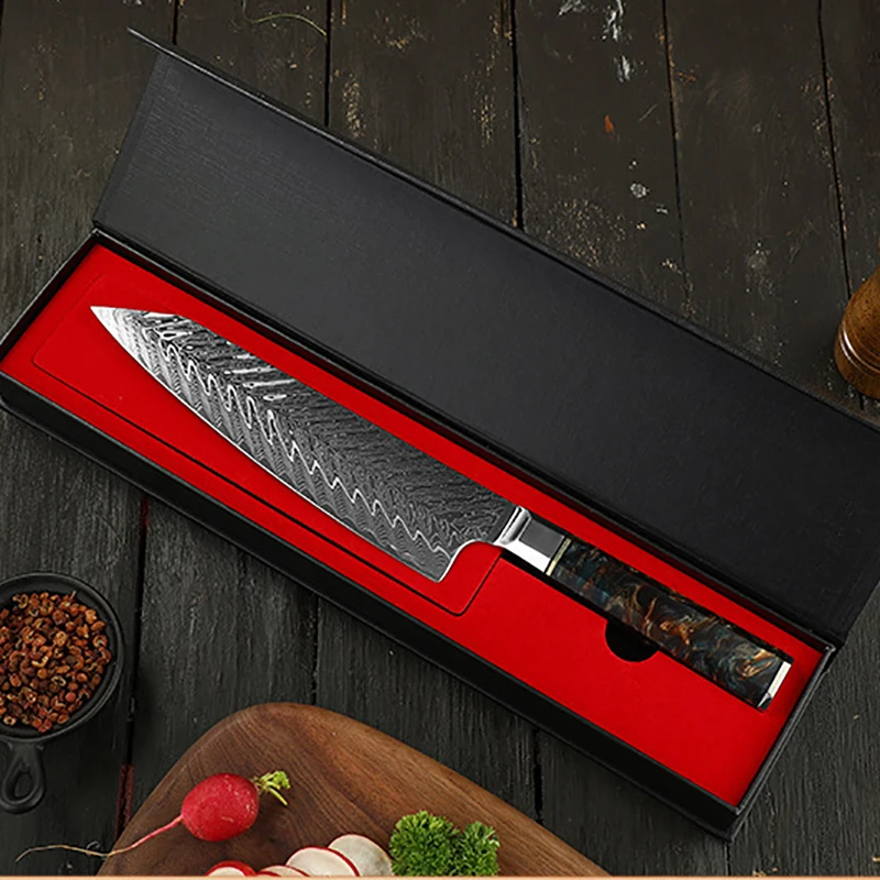 

8.5 Inch Damascus Knife 10Cr17CoMoV 71 Layers Damascus Steel Sharp Chef Kiritsuke Cleaver Kitchen Knives Octagonal Resin Handle