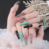 24pcs green ballet nail art gradient jelly manicure fake nails press on acrylic long t glitter wearing reusable false nails tips
