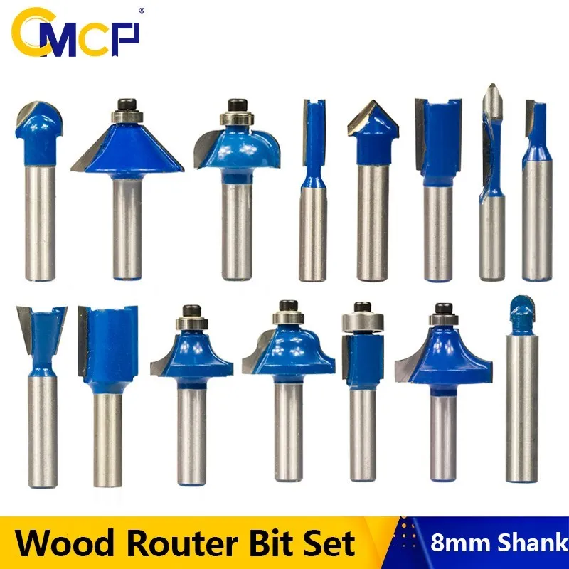 

CMCP 8mm Shank Router Bit Set 12/15pcs Tungsten Carbide Wood Cutter Mill Trimming Straight Milling Cutter for Woodworking