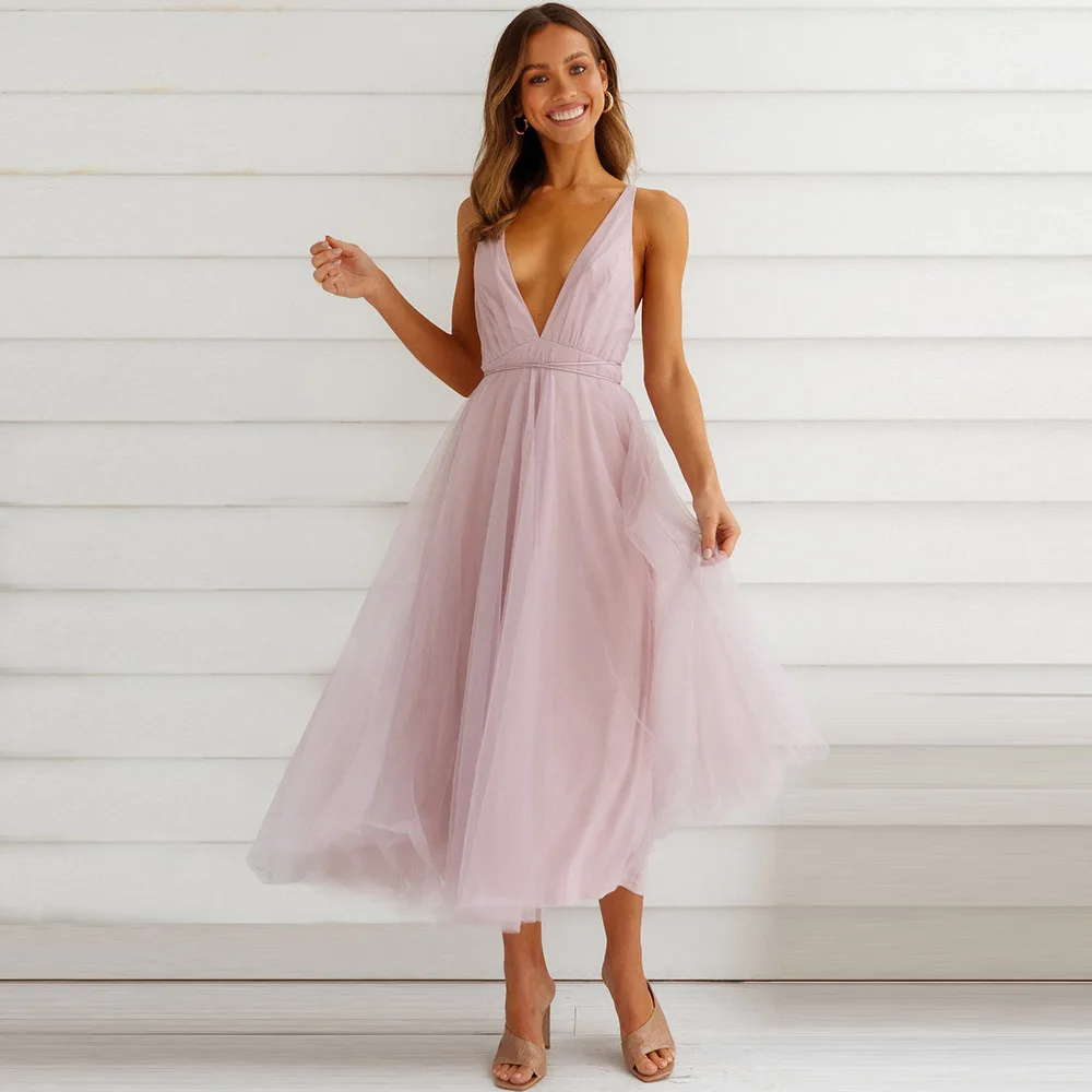 

Elegant Solid Party Dress Women Sexy V-Neck High Waist Mesh Fairy Dresses Fashion Ladies Backless Cross Lace Up Midi Swing Dress