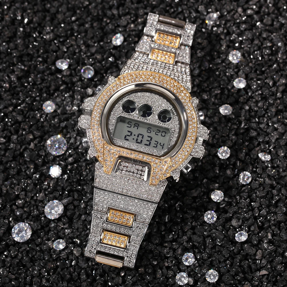 

Hip Hop Full Iced Out Men Watches Stainless Steel Fashion Luxury Rhinestones Quartz Square Wristwatches Business Watch Gifts