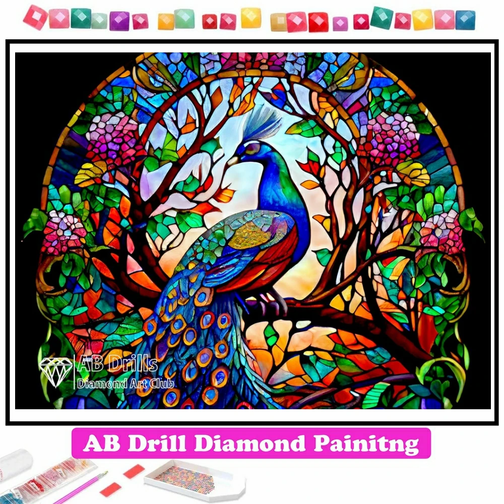 

Colorful Peacock Stained Glass AB Diamond Painting Embroidery Fantasy Animal Handmade Cross Stitch Mosaic Handicraft Home Decor