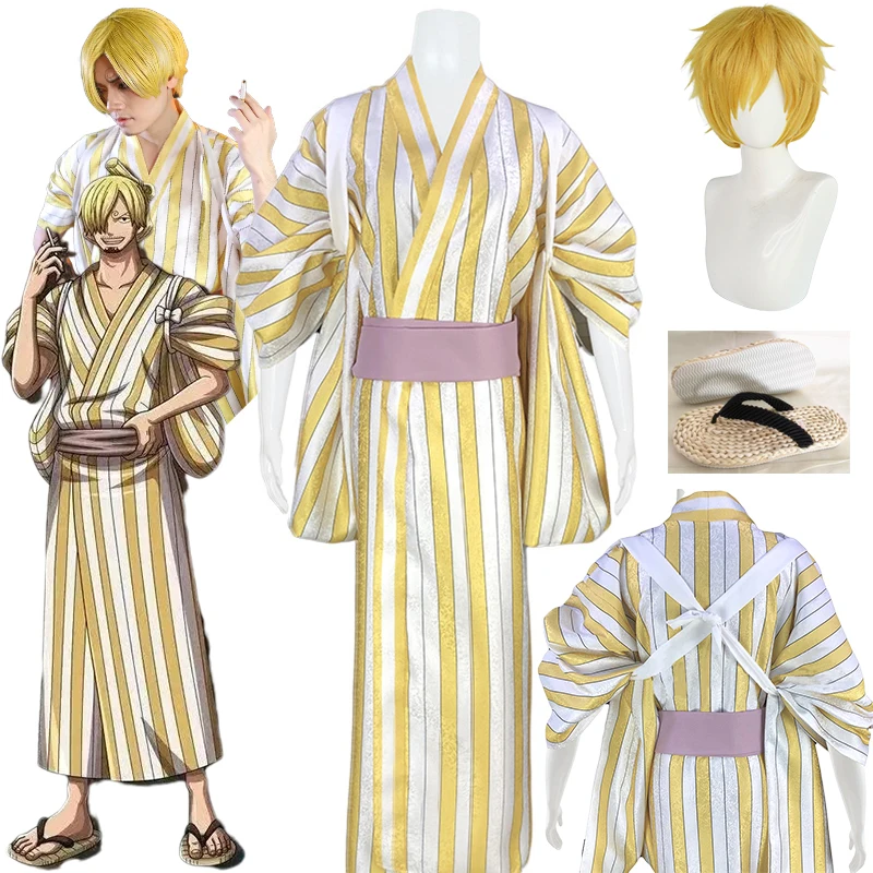 Фото Аниме Wano Country Vinsmoke Man Sanji Косплей Костюм Мужчины Кимоно Парики Полный комплект Wafuku Косплей Костюмы для Хэллоуина Костюм №1