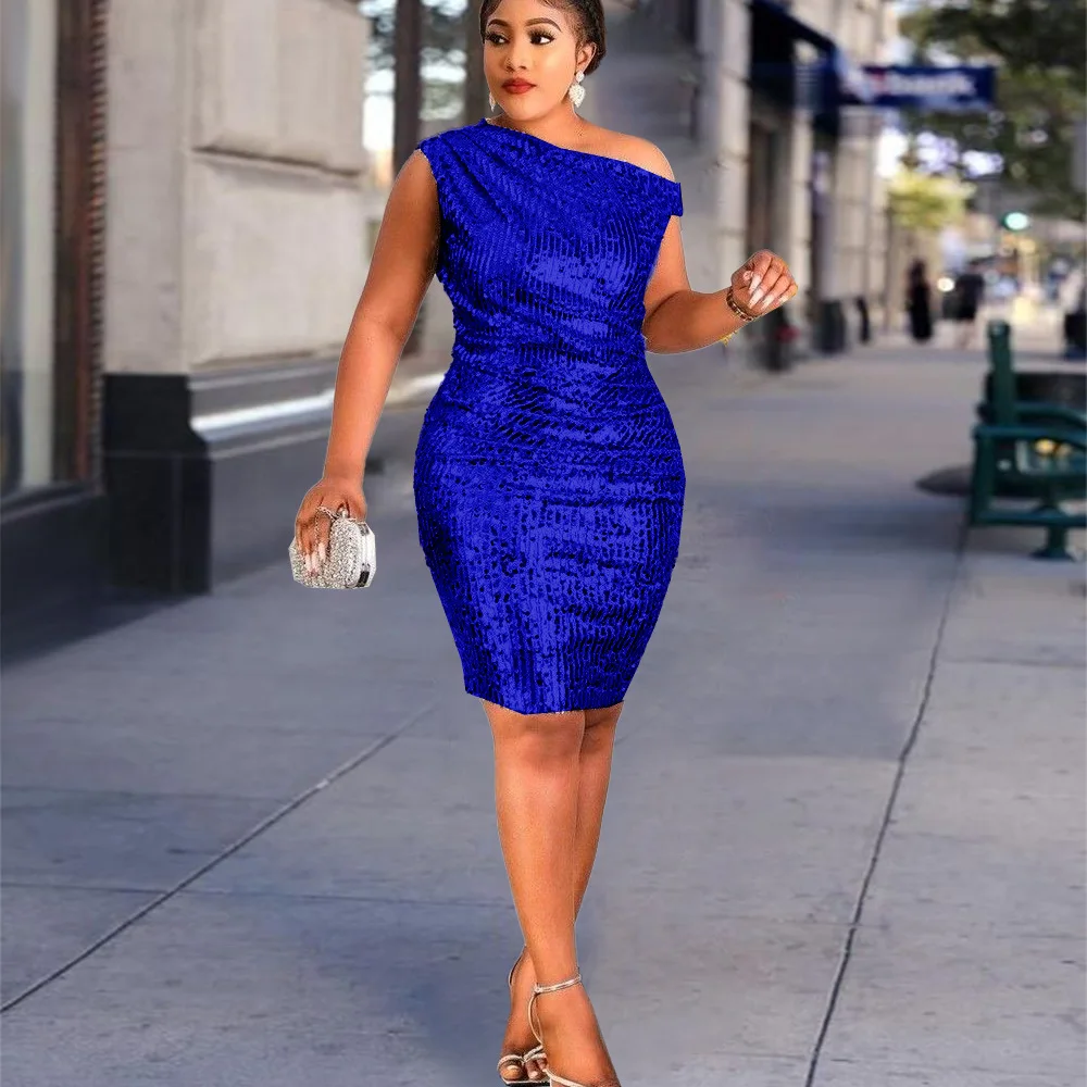 

Night Club Dress New Summer Plus Size Sexy One-shoulder Sleeveless Sequin Dress Banquet Evening Dress Dresses Korean Style