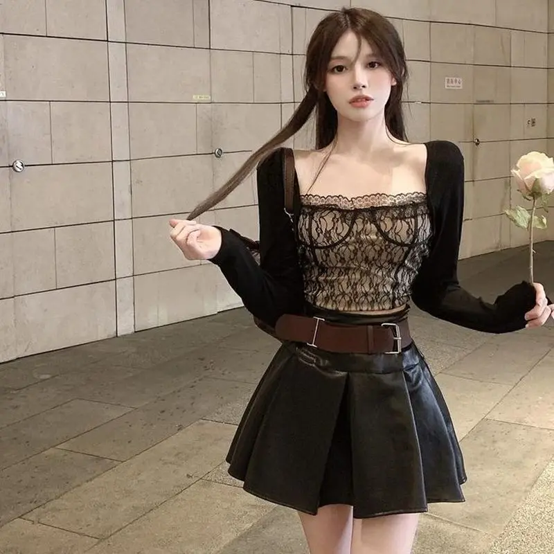 

Korean Suit Women Short Lace Blouse + High Waist Half-length Leather Skirt 2022 Autumn New Sexy Temperament Two-piece Suit Trend