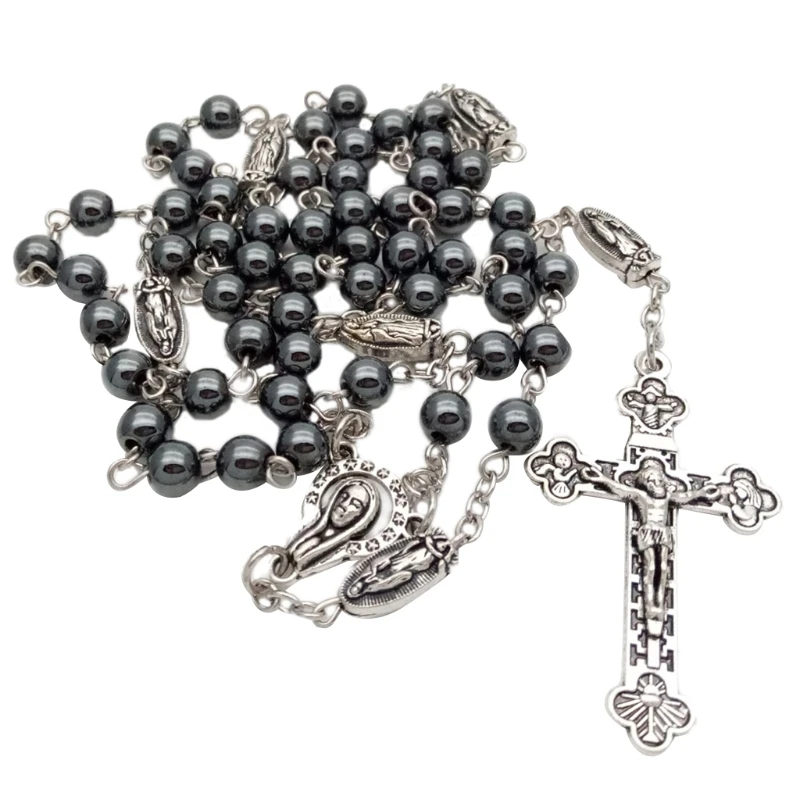 

Vintage Religion Rosary Necklace Hematite Stone Round Beads Chain with Jesus Cross Pendant Necklace Catholic Jewelry