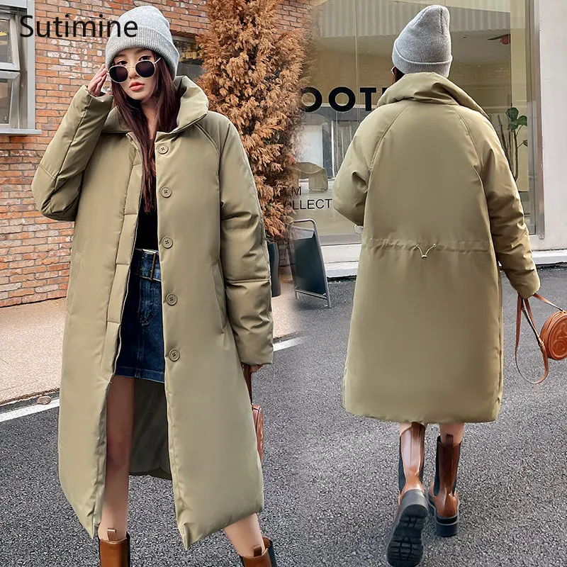 Knee Length Coat Women's Lapel Thickened Warm White Cotton Coat Office Lady Winter Coat for Women Wide-waisted Coat Women