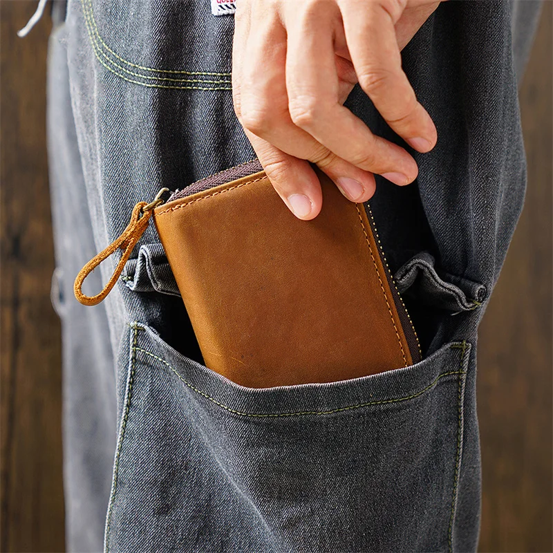 Винтажный компактный мужской кошелек однотонный бумажник на молнии с защелкой