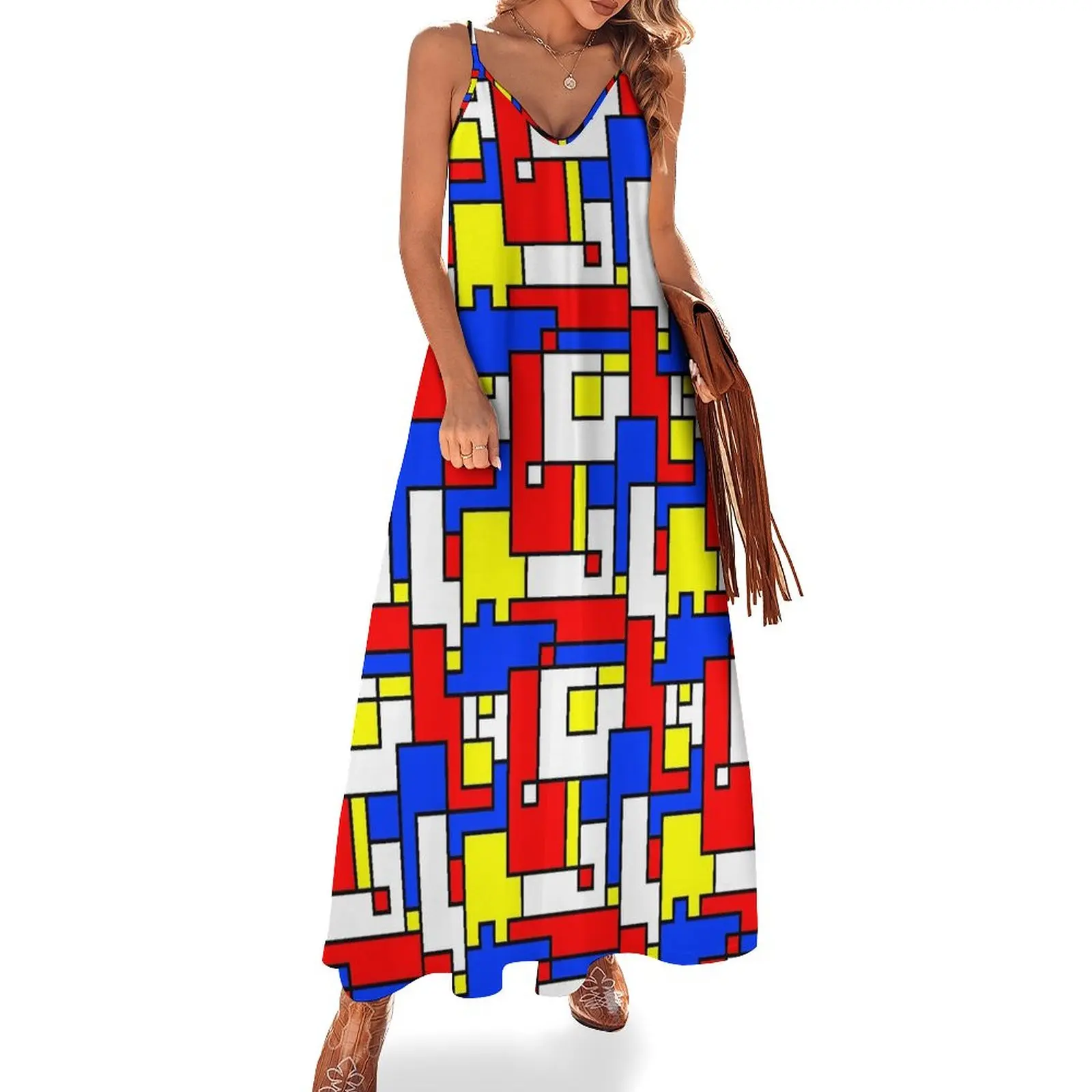 

De Stijl Dress Modern Block Design Sexy Maxi Dress V Neck Bohemia Long Dresses Strap Street Style Big Size Vestidos