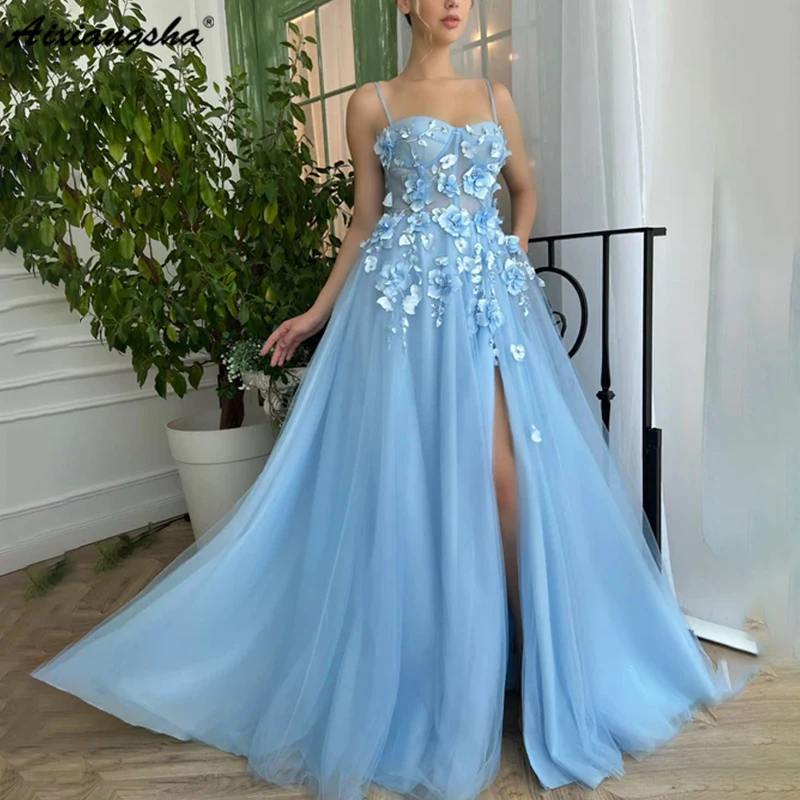 

Aixiangsha Prom Dress A-line Created By Handmade Embellished Bloom Flowers Soft Sky Blue Tulle Cinched Waist Spaghetti straps