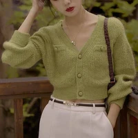 women v neck knitted cardigan 2022 autumn ladies long sleeve solid color crop top cardigan female casual knitted short sweater