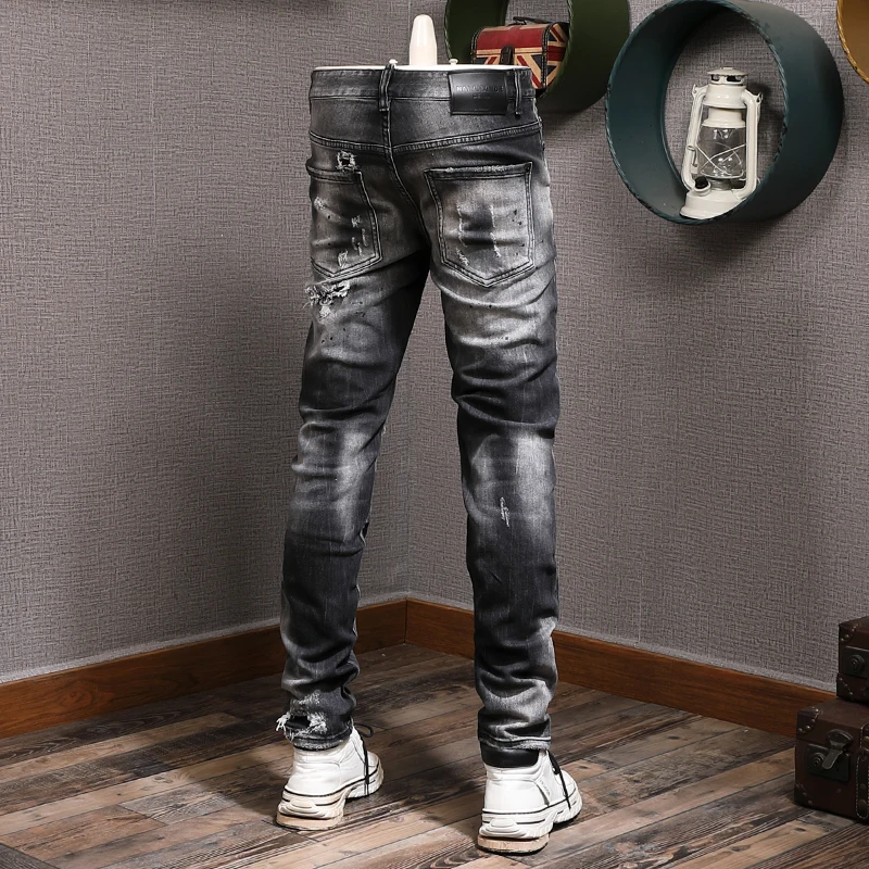 Streetwear Fashion Men Jeans Retro Black Gray Stretch Slim Ripped Jeans Men Hole Trousers Patched Designer Hip Hop Pants Hombre