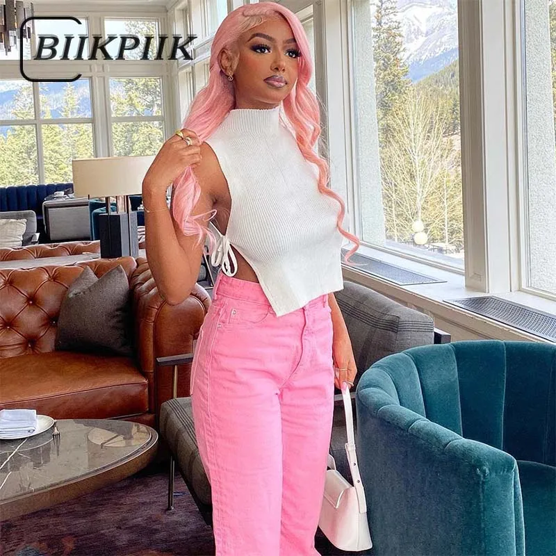 

BIIKPIIK женские белые футболки на шнуровке с Боковым Разрезом модные Универсальные повседневные футболки без рукавов с ложным воротником лет...