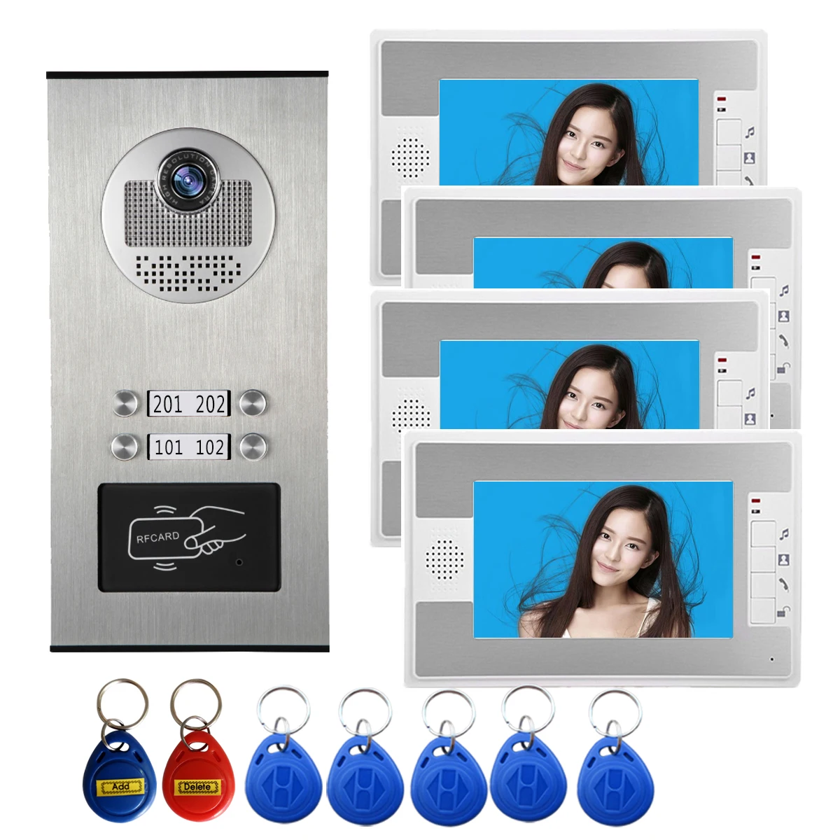 SYSD Apartment House Video Intercom Video Doorbell 7 Inch Wire Multi Unit Access RFID System 1 Camera 4 Monitor
