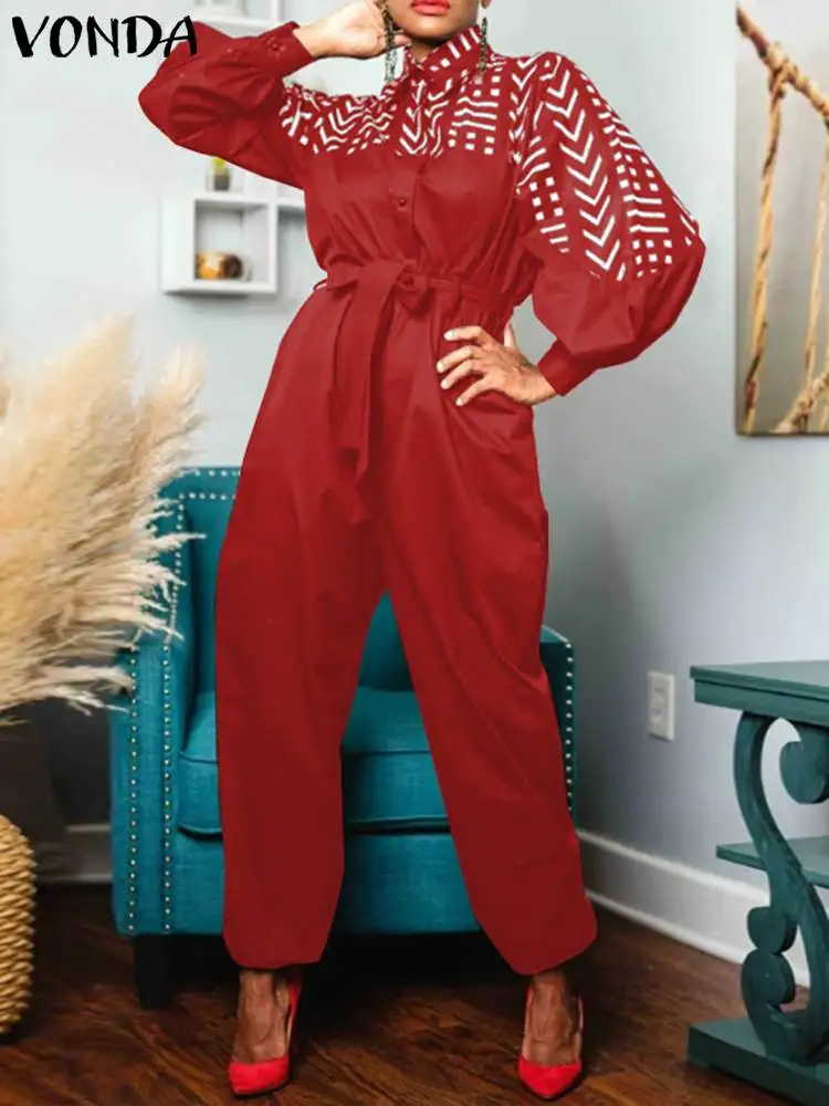 

Женский Длинный комбинезон VONDA, винтажный Осенний комбинезон с длинным рукавом и отложным воротником, элегантный комбинезон на пуговицах, повседневный комбинезон с поясом, 2023