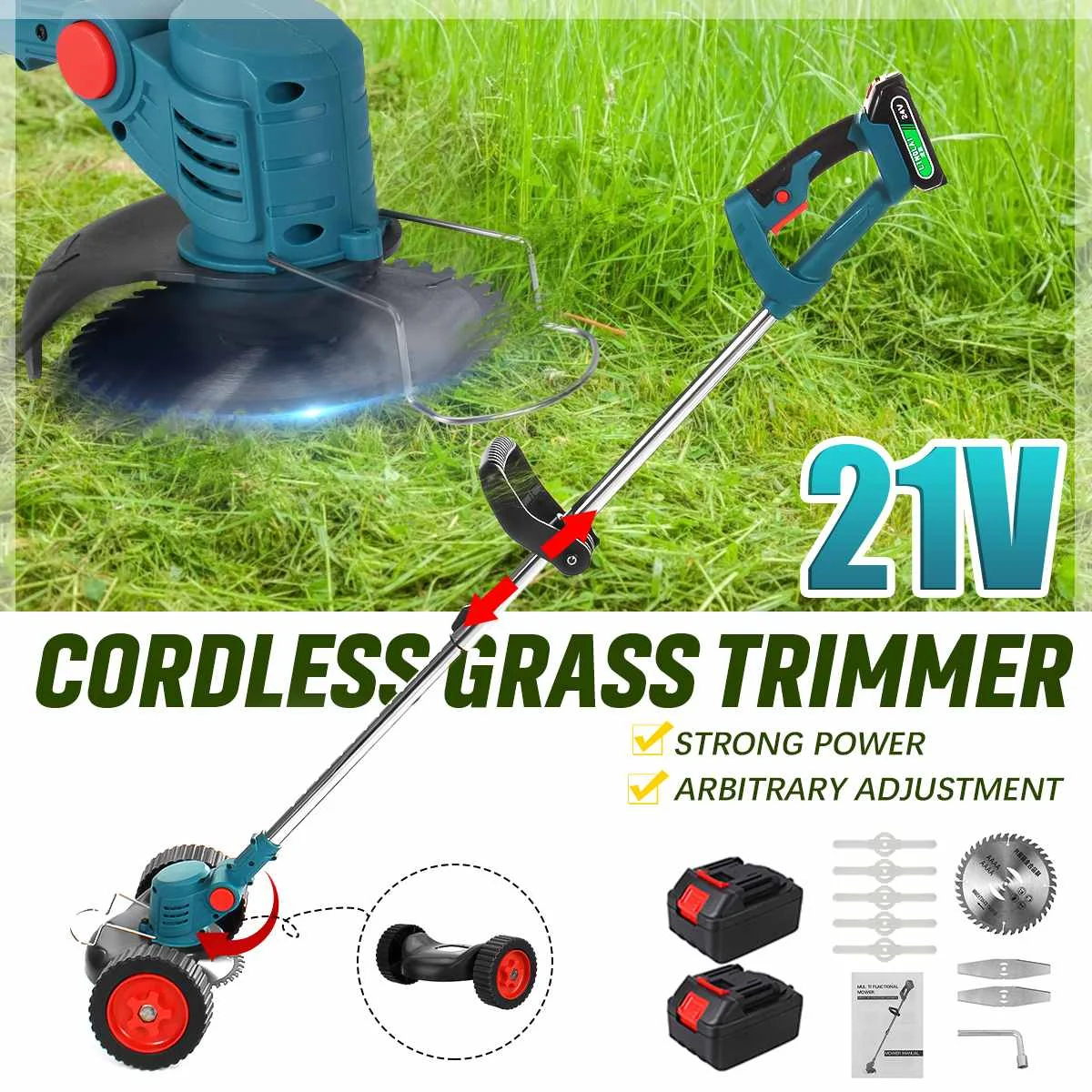 450W Electric Grass Trimmer Cordless Power Lawn Mower Hedge Trimmer Length Adjustable Garden Pruning Tool With 15000MAH Battery