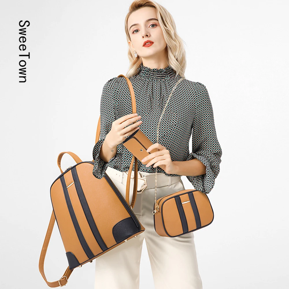 

Sweetown Fashion Backpack Simple Shoulder Bag Large Capacity Three-piece Composite Bag Women Chain Crossbody Bag Card Pack