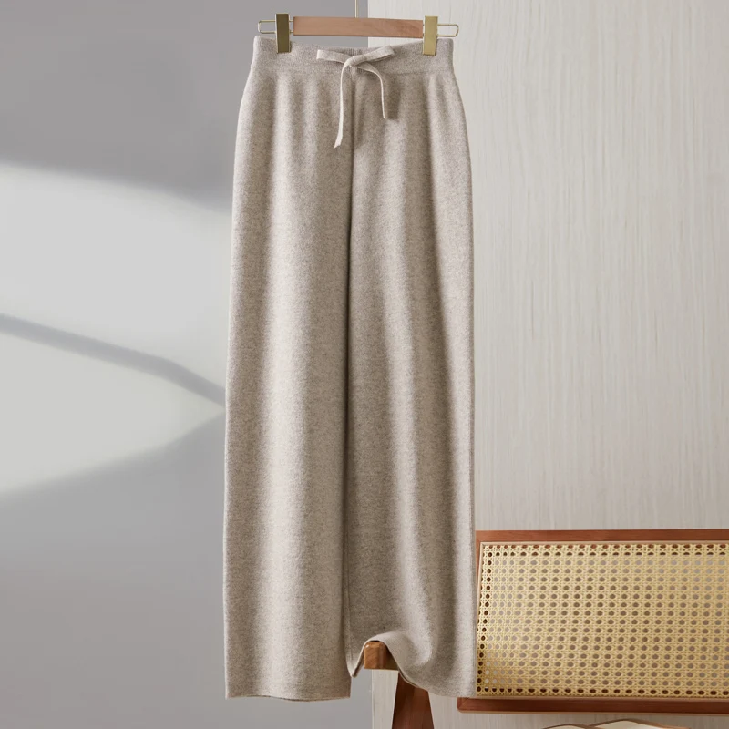 Long cashmere wide leg pants Hot 100% pure wool women wide leg pants solid color knitting women casual loose autumn and winter