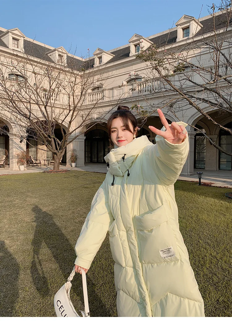 Down Jacket Women Winter Knee-length Loose White Duck Down Cotton Jacket Solid Colour Large Pockets Hooded Thickened Jacket