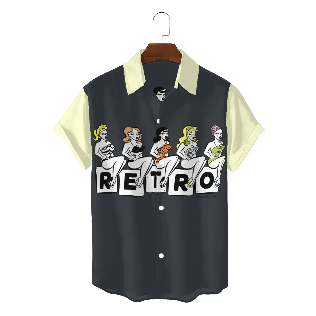 

Retro 2022 Man's Funny Hawaii Shirts Pin Up Girl Model Pop Art Square Neck Short Sleeve Single breasted 3D Shirt High Quality