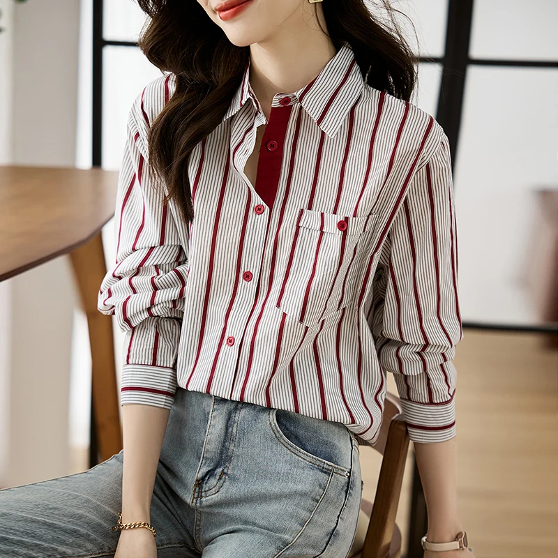 

Chiffon Women's Shirts New Stripe Vintage Blouses Long Sleeve Polo-neck Ladies Clothing Loose Spring/Summer 2023 Fashion Tops