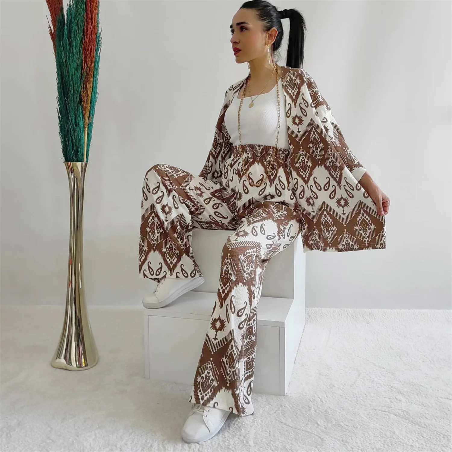 Женский брючный костюм с принтом элегантный кардиган длинным рукавом и