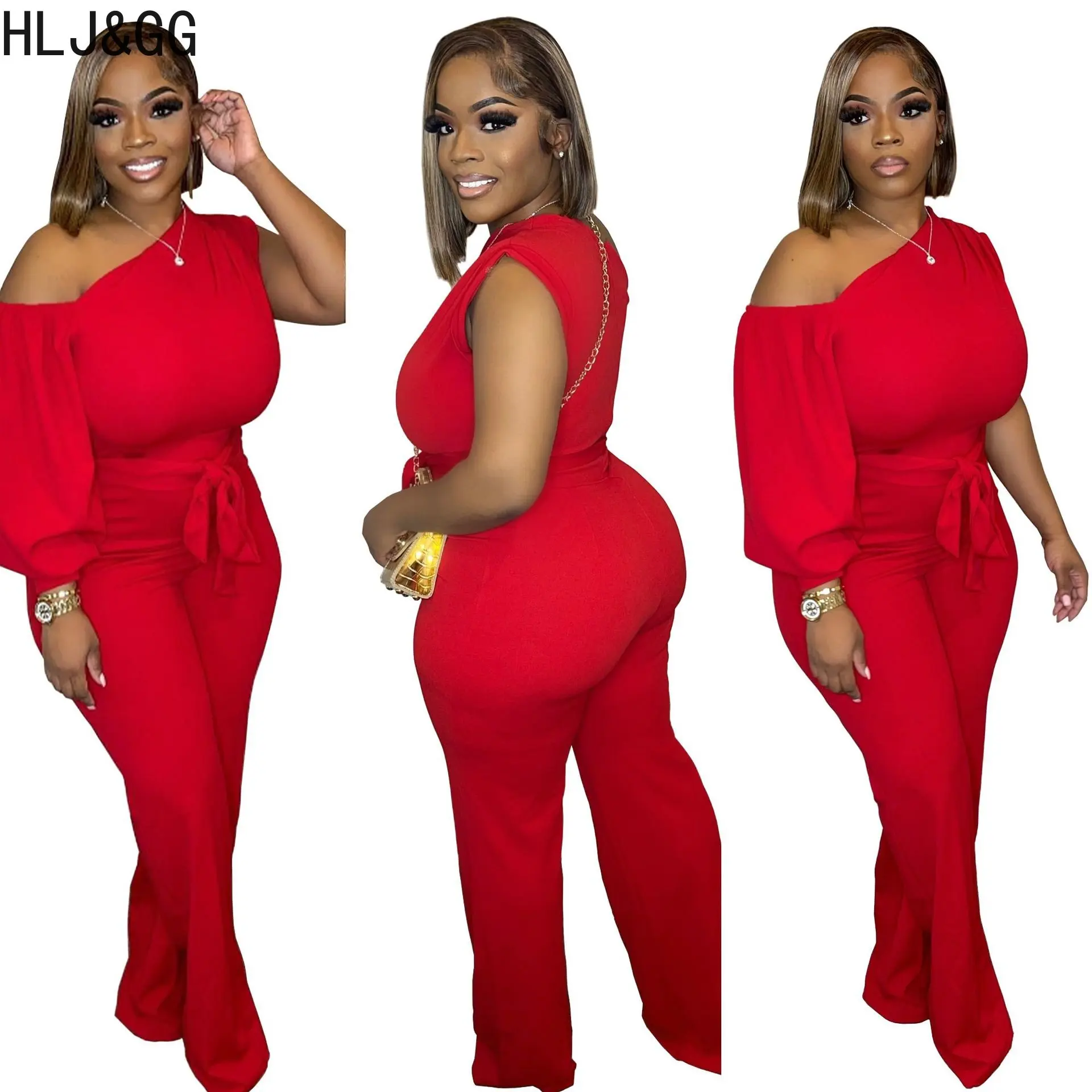 HLJ&GG Fashion One Shoulder Lace Up Jumpsuits Women Solid Color Long Sleeve Wide Leg Pants Playsuits Casual One Piece Streetwear