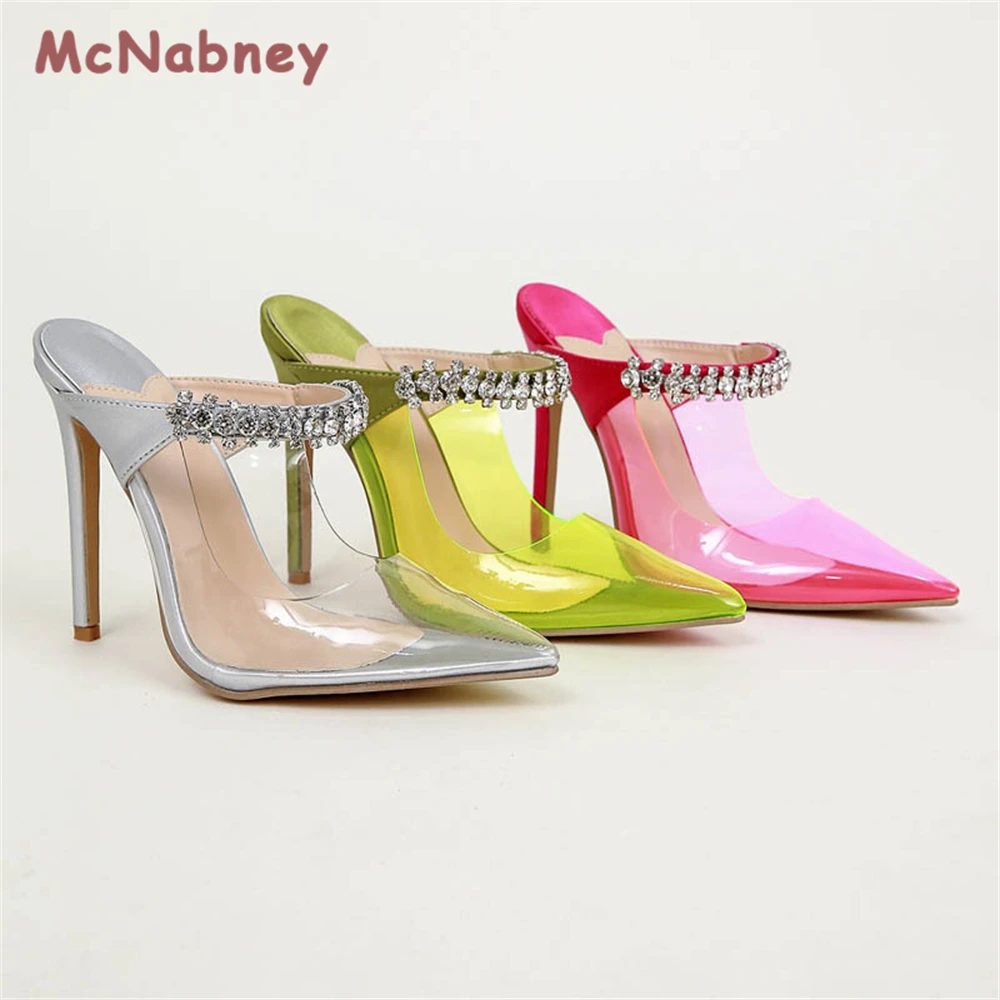 Crystal Clear Soft Women Pumps Slippers Fashion High Heels Luxury Rhinestone Pointed Toe Stiletto Summer Party Prom Slides