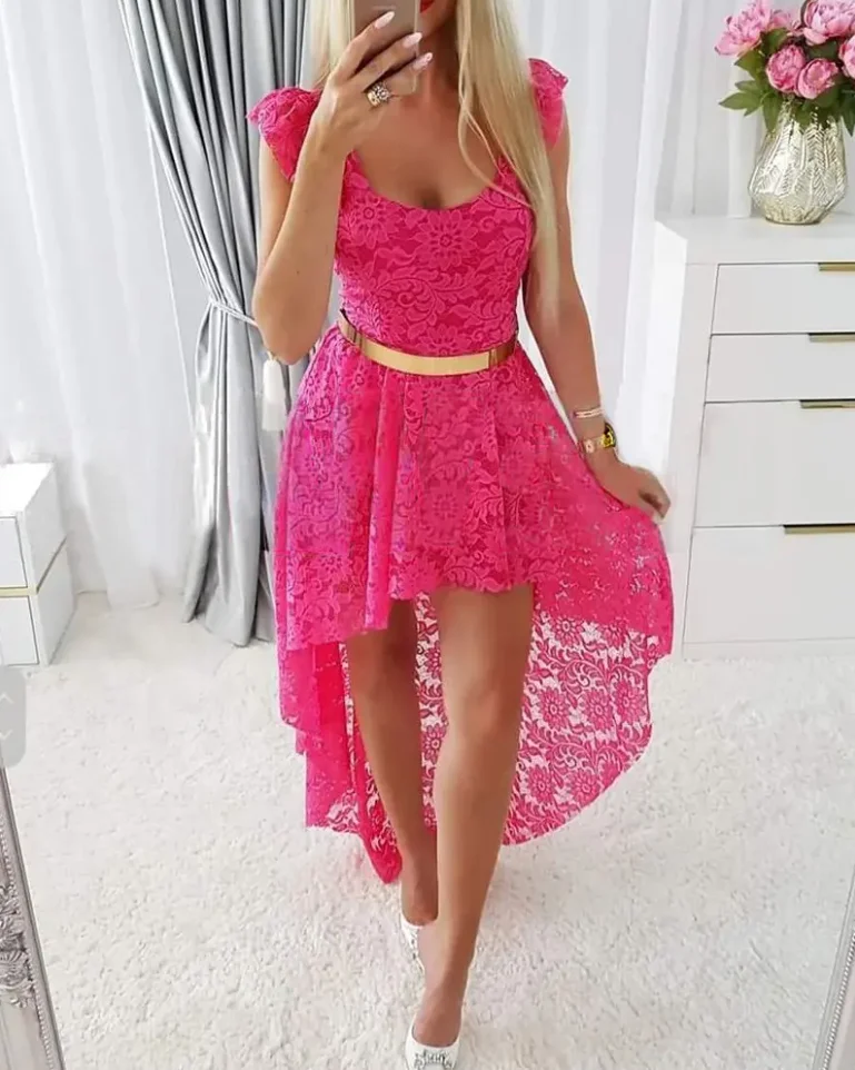 

Elegant Women's Dresses 2022 Summer Chic Sweet Sleeveless Scoop Neck High Low Hem Lace Plain Asymmetrical Dress Without Belt