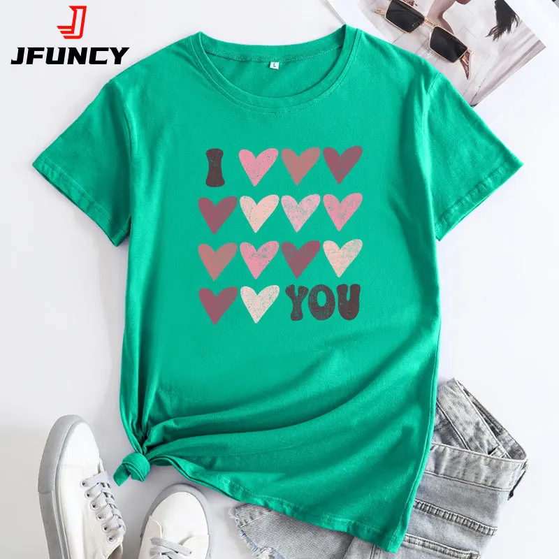 JFUNCY Women's Tshirt New Graphic T Shirts 2022 Summer Women Cotton T-shirt Korean Fashion Short Sleeve Female Tee Top